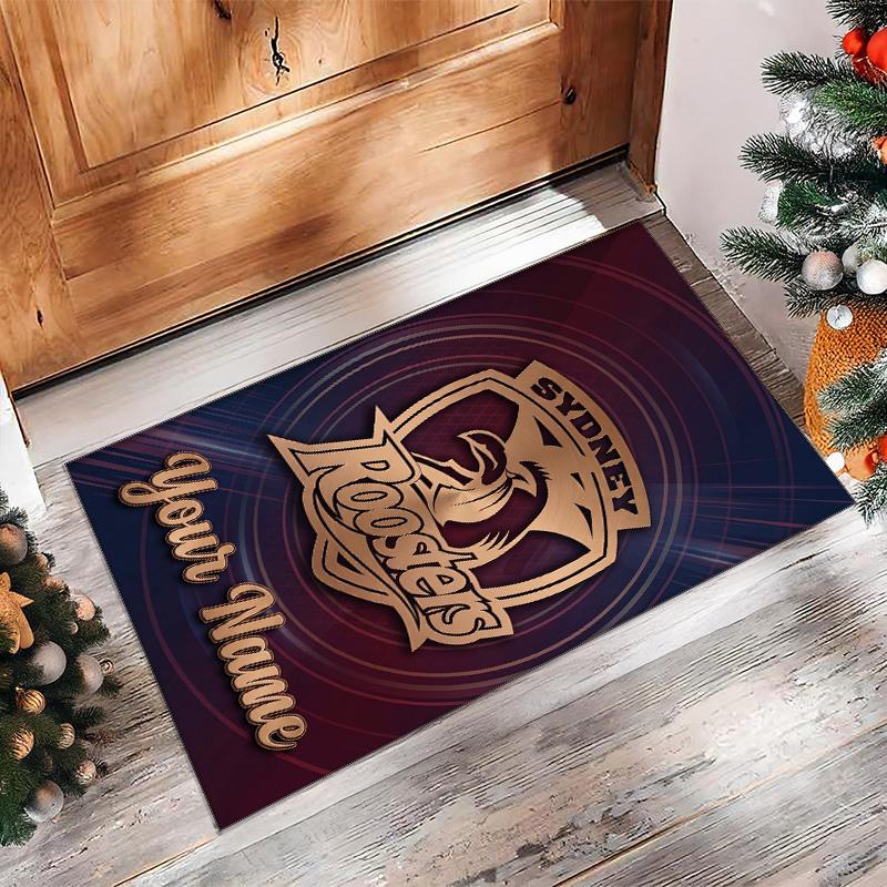 Sydney Roosters Crystal Velvet Rug, Custom Name Text Personalized Non‑Slip Floor Mat for Home Decor Gift