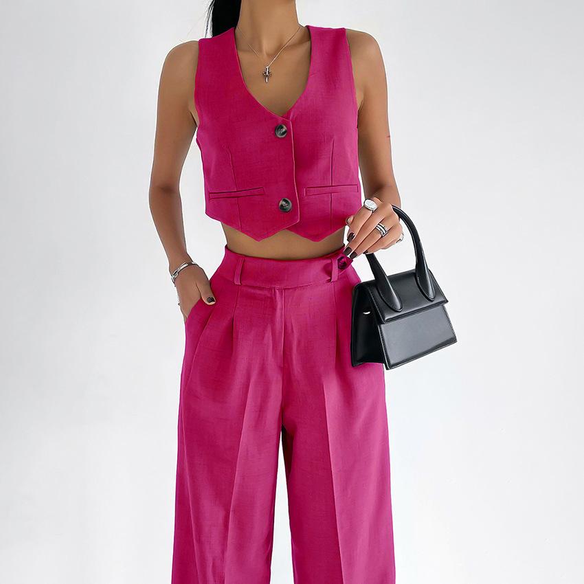 European and American commuter green short sleeveless vest trousers two-piece set autumn 1116 design cotton and linen set