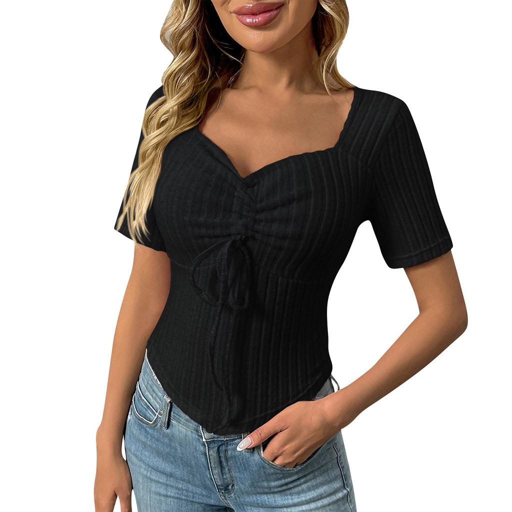 Женская мода однотонный V-образный вырез плиссированный шнурок сексуальный короткий рукав топ