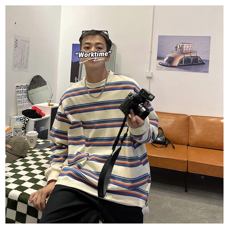 Мужской модный пуловер в полоску с цветными блоками - повседневная толстовка свободного кроя с круглым вырезом для весны и осени.