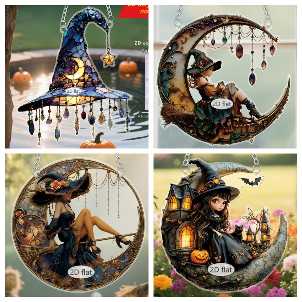 Acrylic Witch Hanging Ornament Halloween Witch Hat Hanging Decoration For Front Door Window Mantles Indoor and Outdoor