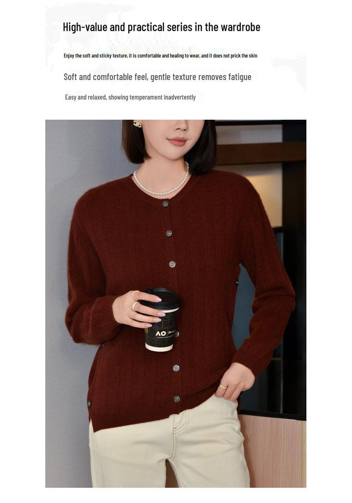 Women's Pure Wool Knit Cardigan, 2024 Autumn/Winter, Round Neck, Loose Fit, Versatile Long Sleeve Sweater.