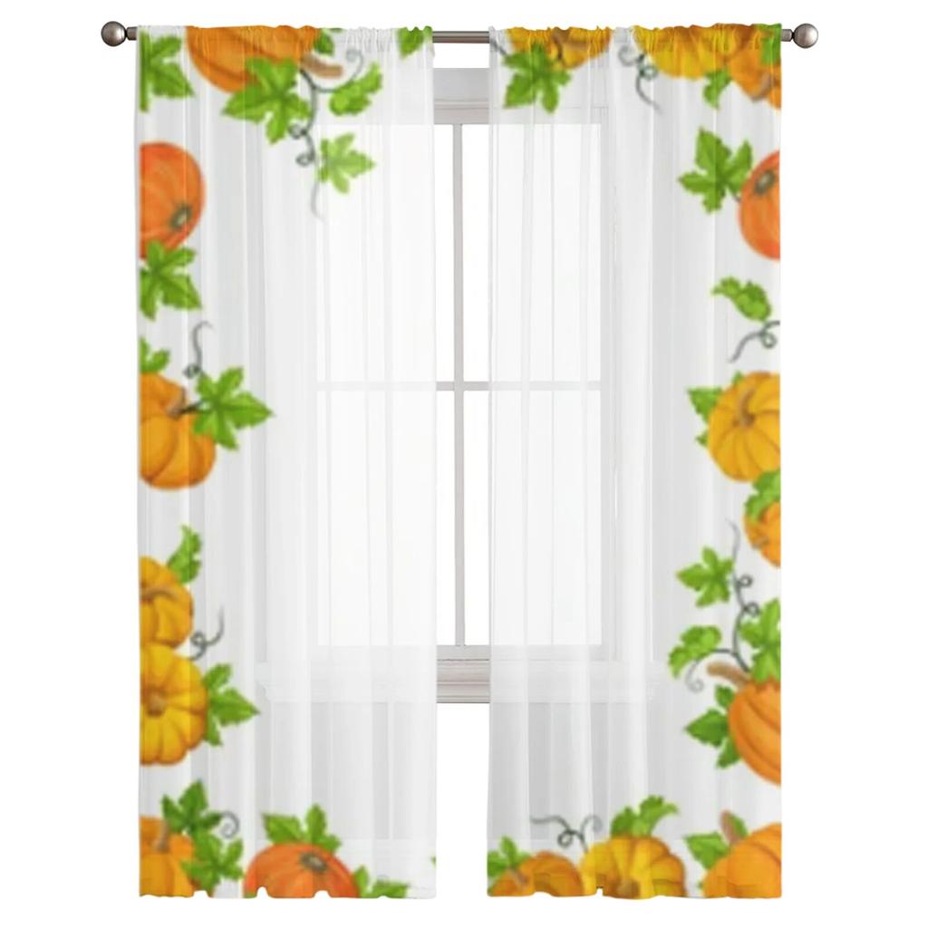 Pumpkins And Green Leaves Tulle Window Curtain For Living Room Bedroom Voile Sheer Curtains Kitchen Treatments Drapes
