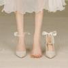New High Heels Wedding Bride Shoe Block Heel Ladies Footwear Pearl Women's Shoes Beige Pointed Toe Chic and Elegant Luxury Brand