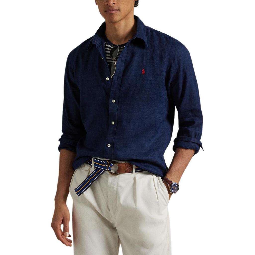 Polo Ralph Lauren Льняная однотонная рубашка с широким воротником и длинными рукавами, классического кроя, мужская, темно-синяя MNPOWOV16824374-410