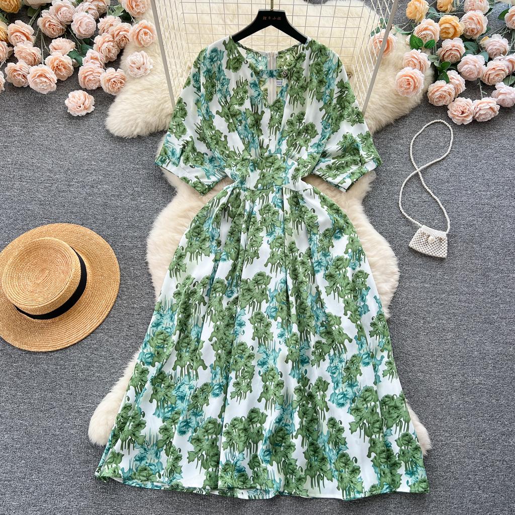 Платье с пышными рукавами и цветочным принтом на талии, женское летнее облегающее пляжное платье в стиле супер феи в курортном стиле