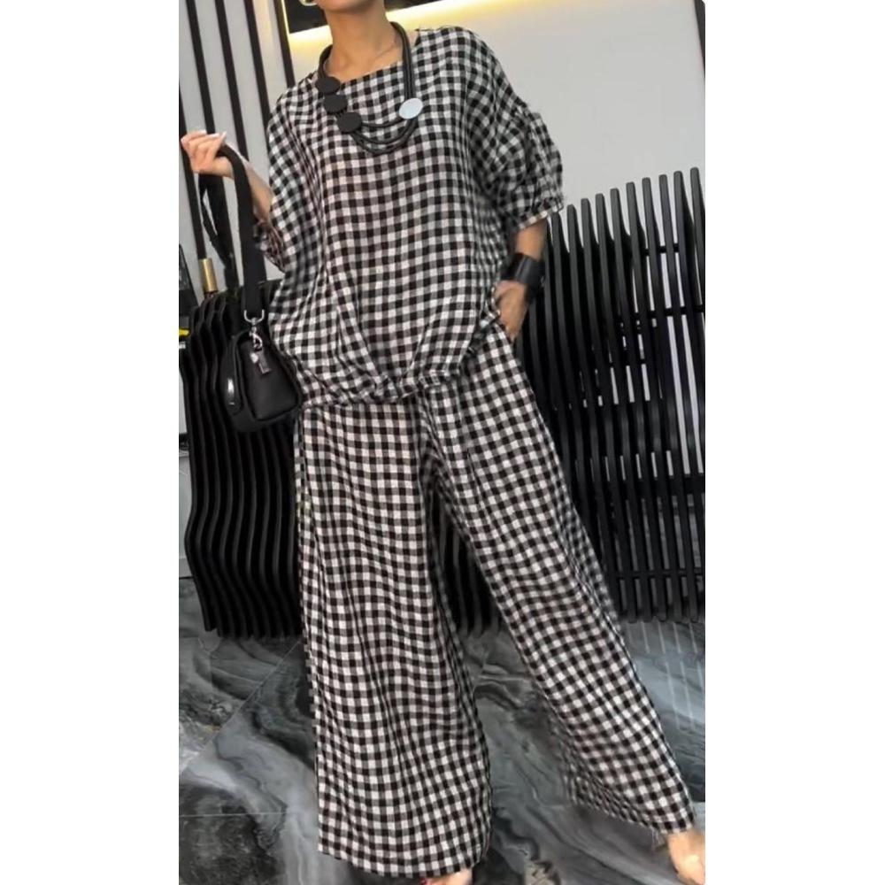 Women's Set Elasticated Back Drawstring Button Top Wide Leg Pants 2 Piece Set