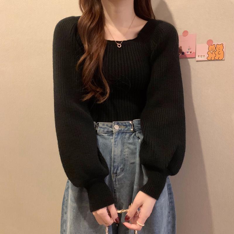 Высококачественный свитер с пышными рукавами и квадратным вырезом - Осенне-зимний приталенный универсальный топ