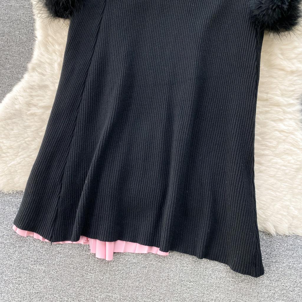 Старший трикотажное платье мода O-образный вырез перо длинный рукав женское завязка цвет блок сращивание плиссированное длинное платье