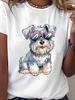 Women's Cotton Crew Neck Short Sleeve T-Shirt, Schnauzer Dog With Heart Sunglasses Graphic Print, Comfort Casual Top For Daily Outings And