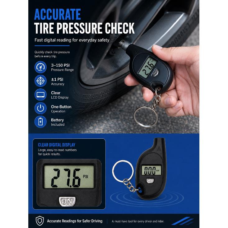 Mini Digital Tire Pressure Gauge 3-150 PSI Portable Keychain Tester 4 Unit Modes Auto Off for Car Motorcycle Bicycle TruckTire Pressure Monitoring