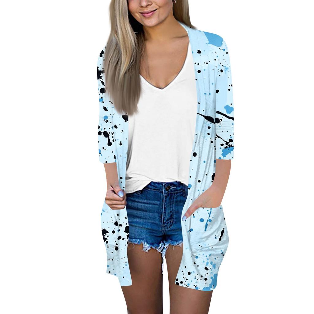 Женский модный свободный повседневный кардиган с принтом и карманами, куртка с рукавом семь восьмых, топ