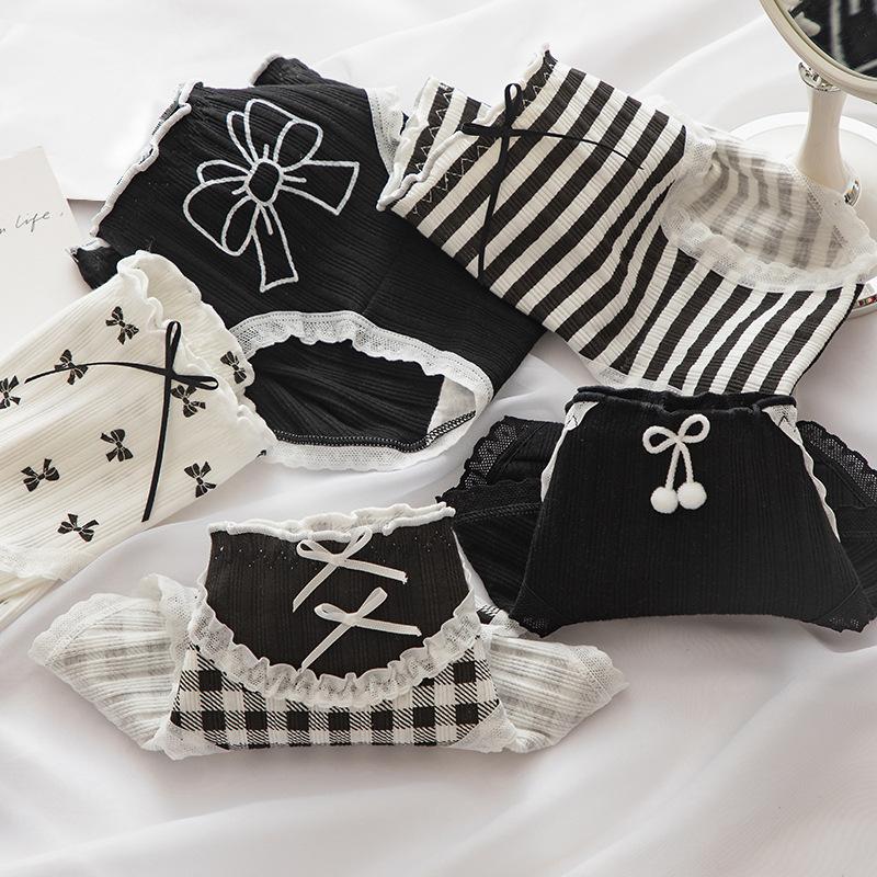 Japanese Lolita Bow Print Cute Girly Underwear Ladies Cotton Crotch Bag Hip Mid-waist Student Briefs