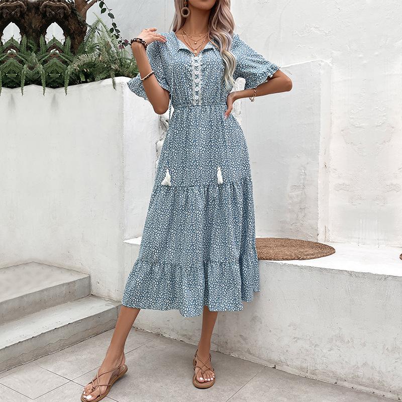 Летняя женская одежда в европейском и американском этническом стиле, платье среднего размера с принтом, повседневные платья