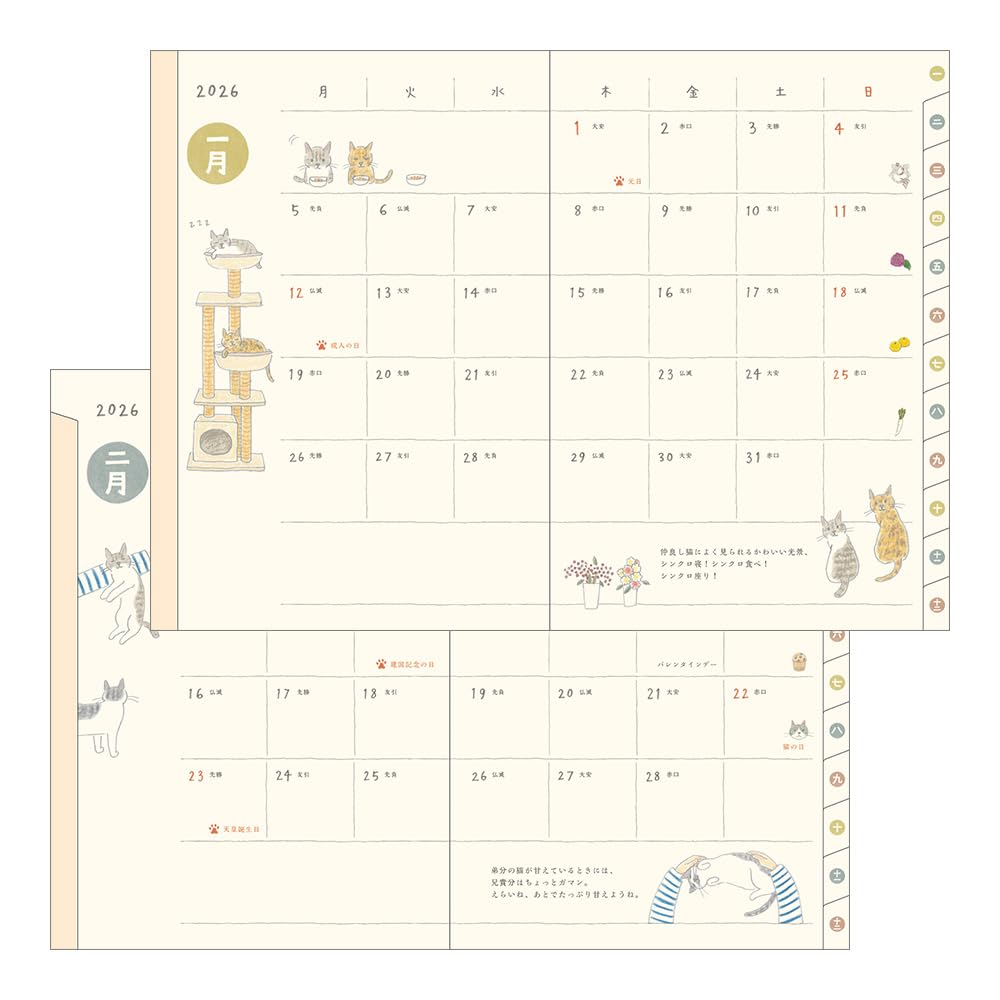 Еженедельник Midori Pocket Diary, 2026, B6, Недельный, Рисунок кошки, 22373006 (Начинается в январе 2026 года)
