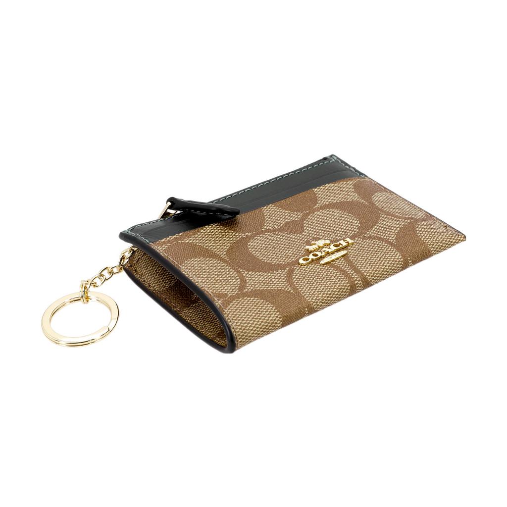 New COACH Mini Id Skinny Coated Canvas With Smooth Leather Document Wallet Card Holders Mini Women's Brown & Dark Green 88208-IMRQE