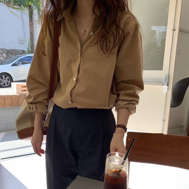 Ретро стиль Гонконга Однотонная рубашка с длинным рукавом, воротником поло, многослойная верхняя одежда для женщин