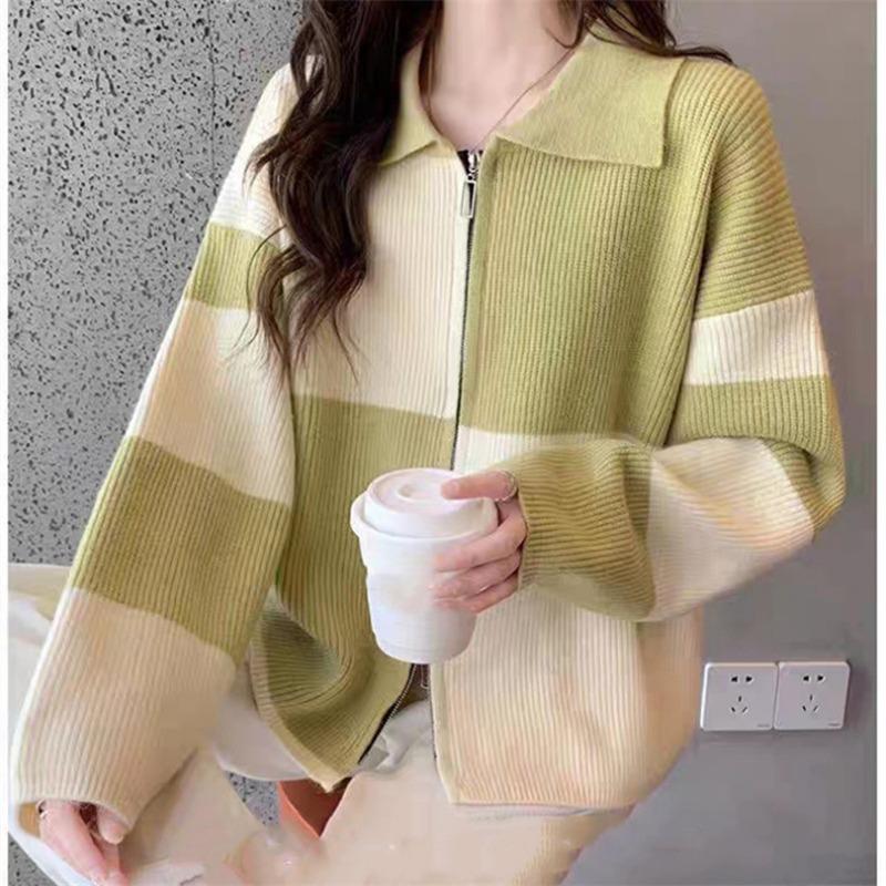 Осень и зима новый ретро цветной клетчатый вязаный кардиган топ женский универсальный с двойной молнией, дизайнерский свитер с воротником поло