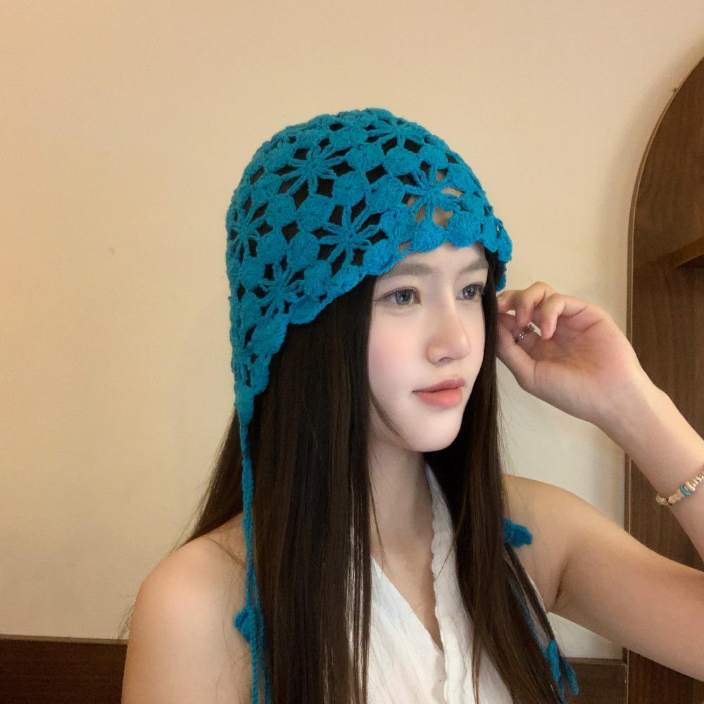 Tassel Hollowed Out Knitted Hat Floral Weave Cap Retro Bohemian Style Beanies Outdoor