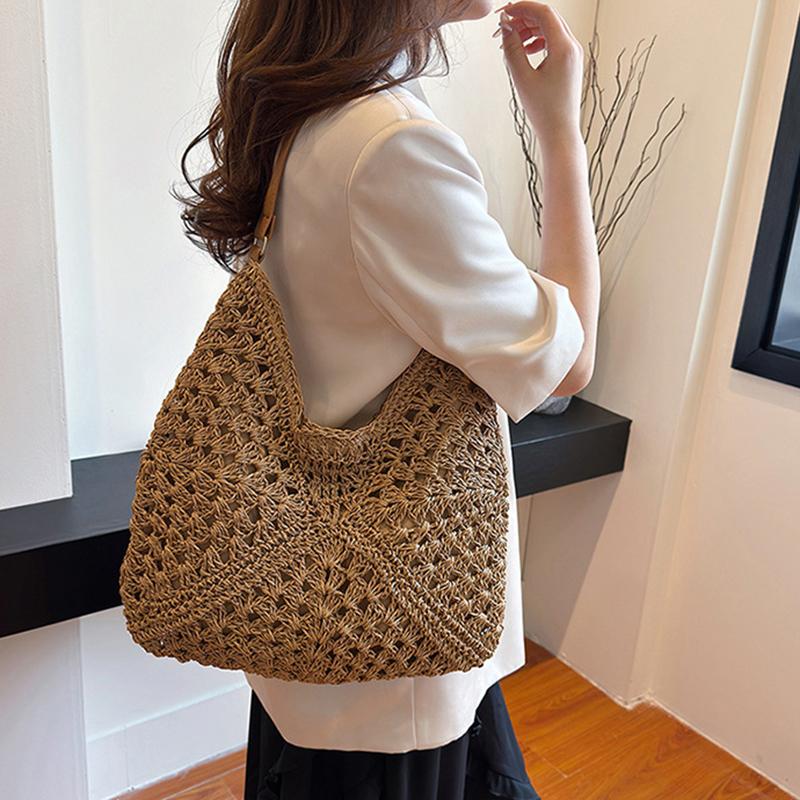 Летняя соломенная вязаная сумка, ажурная сумка-тоут, однотонная пляжная сумка через плечо, праздничная дорожная сумка, сумка через плечо в стиле бохо для женщин