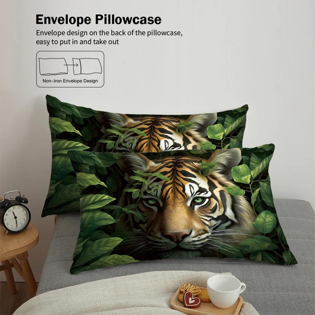 3pcs Tiger In the Jungle Pattern Bedding Set, 1 Duvet Cover and 2 Pillowcases, for Teenagers and Adults Bedroom, Birthday Gift