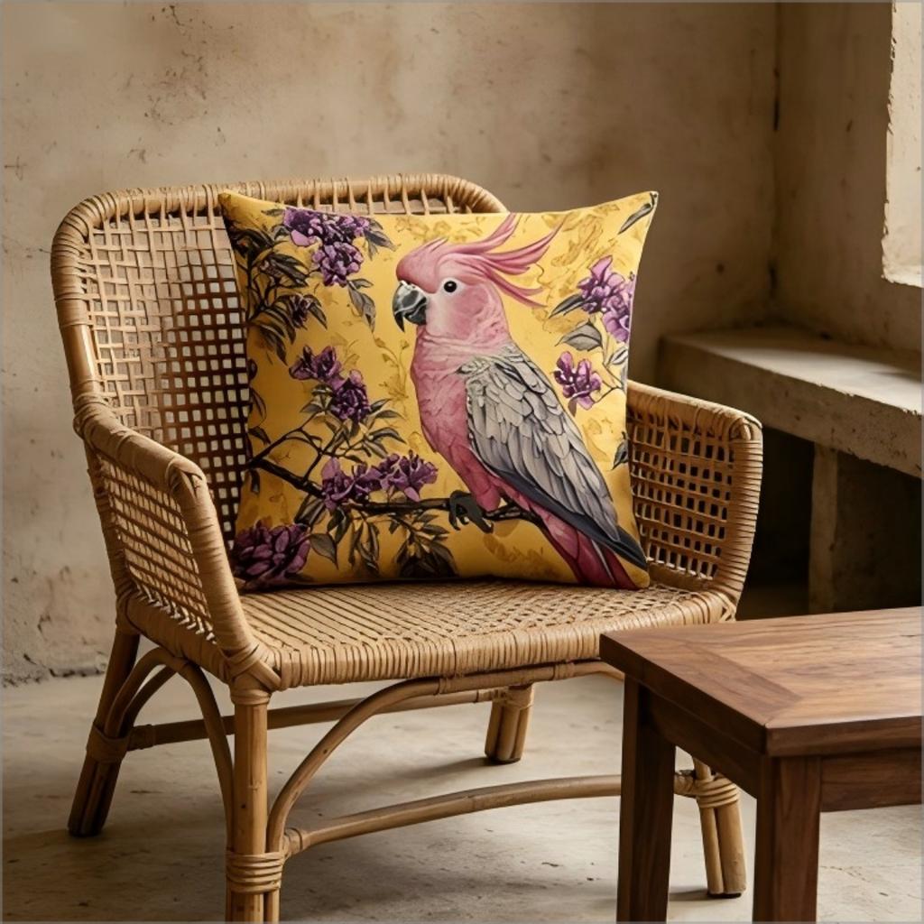 Vintage Pink Cockatoo Floral Print Throw Pillow Cover, Tropical Bird Botanical Cushion For Living Room Bedroom Sofa Couch