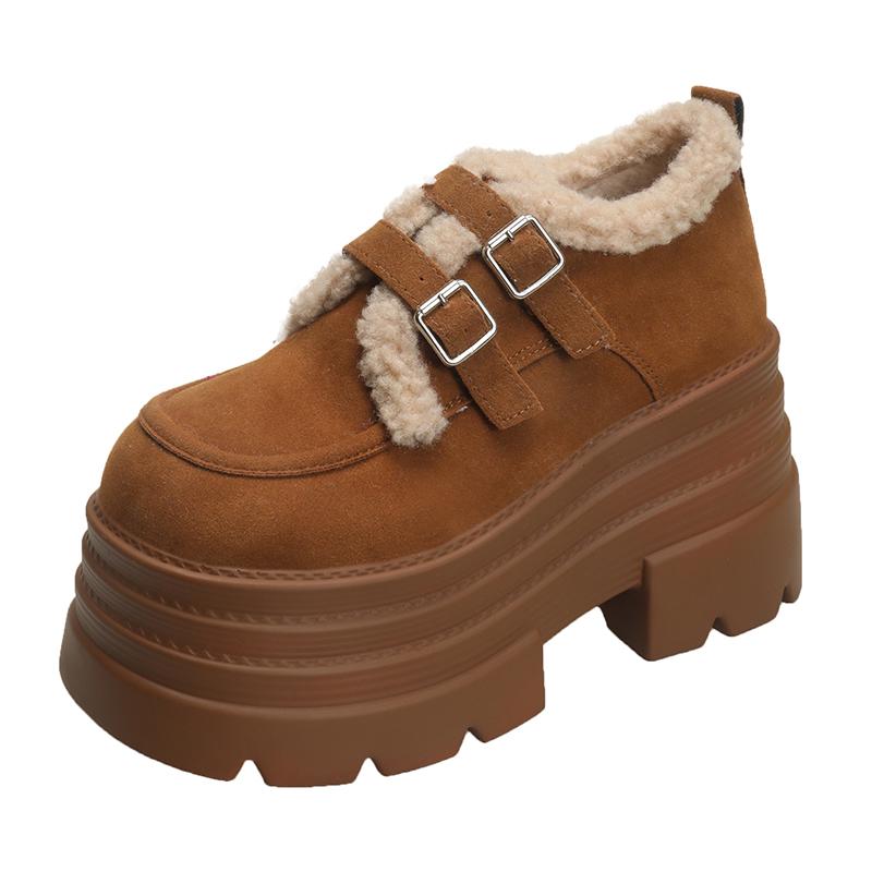 10СМ Замша Коровья Натуральная Кожа Платформа Танкетка Зимние Плюшевые Осенние Ботинки Весна Женские Ботильоны Обувь Труба