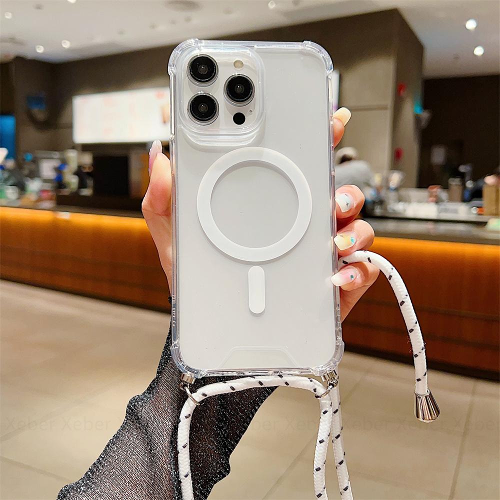 Ремешок через плечо для Magsafe, магнитный чехол с беспроводной зарядкой для iPhone 11 12 13 14 15 Pro Max X XR XS 7 8 Plus SE, прозрачный чехол