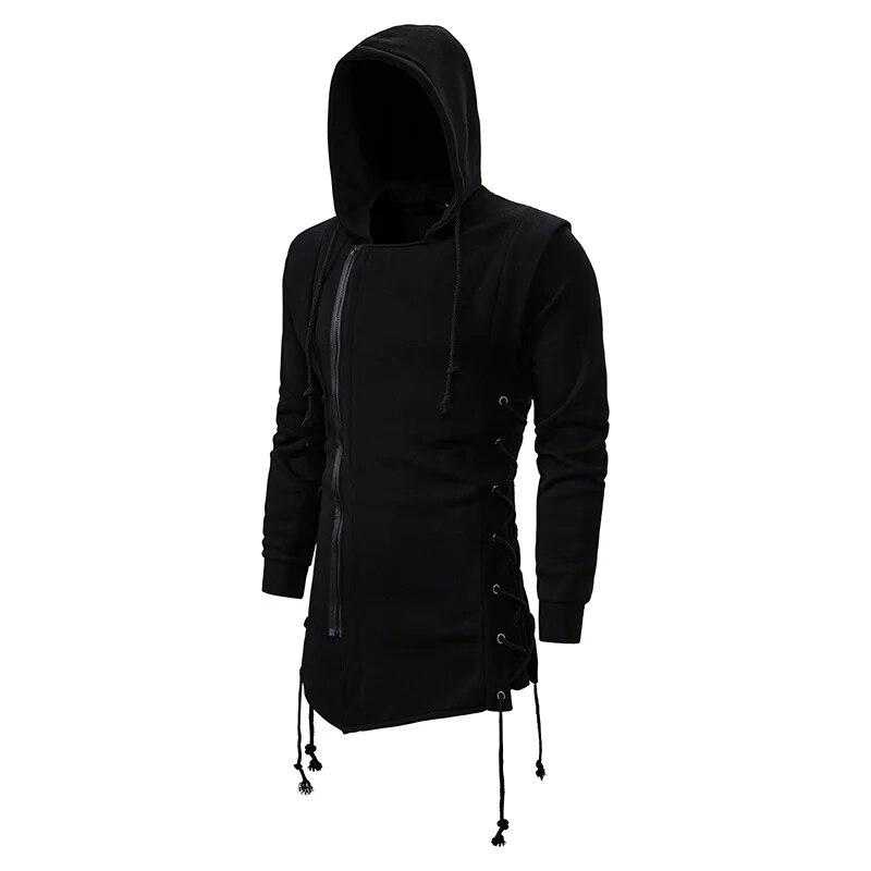 Men's Black Streetwear Zipper Hoodies Sweatshirts Hip Hop Casual Hooded Coat With Side Lashing Crossed Hoody Tracksuits