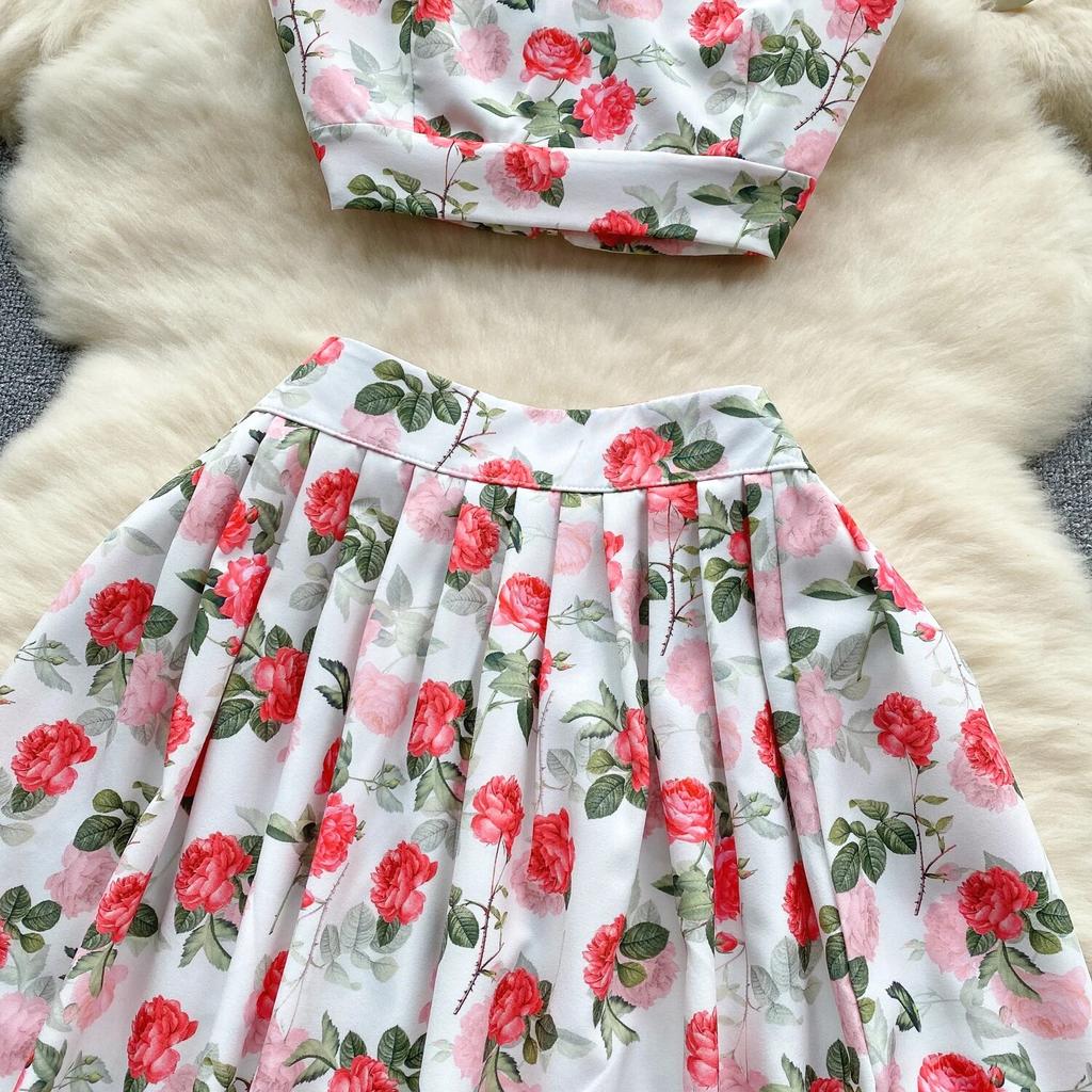 Женский комплект с милым принтом, короткая майка, универсальная плиссированная длинная юбка с высокой талией, праздничный комплект из двух предметов