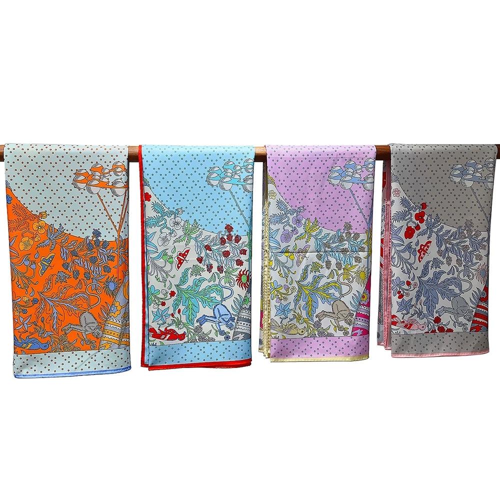 90см Ручной Ролл Твиловый Шелковый Платок Женский Высококачественный Принт Вид из Окна Квадратные Платки Шали Шелковые Фуляры Головной Хиджаб