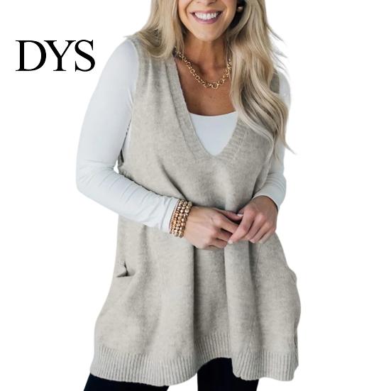 Women Sleeveless Knitwear Sweater V-neck Solid Color Knitting Vest with Everyday Commuting Style Pockets Ribbed Trim Loose Fit Mid-length Casual Top