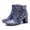 Genuine Leather Handmade Printed Comfortable Coarse Heel Side Zipper Women's Short Boots