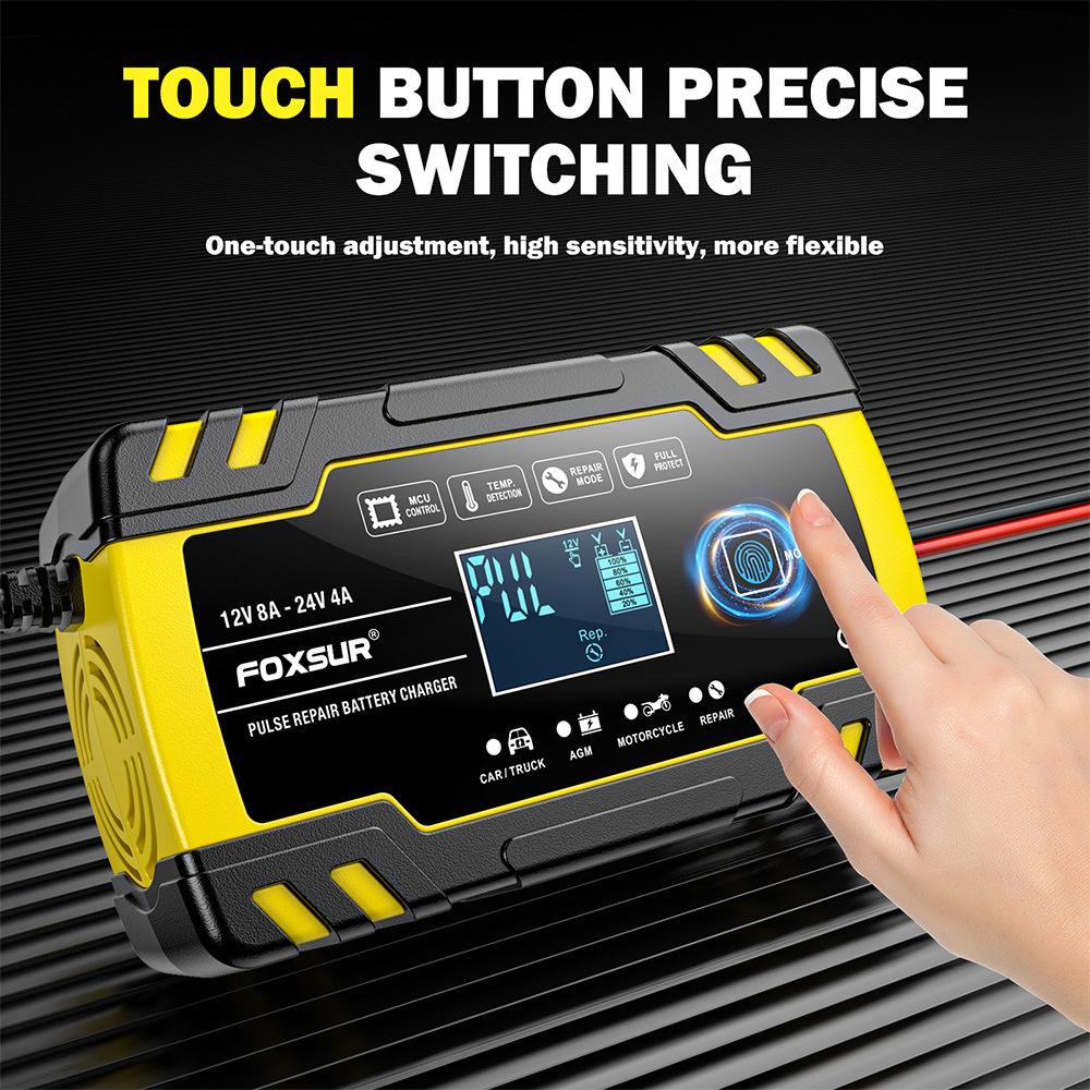 Интеллектуальное зарядное устройство для автомобильных аккумуляторов 12 В 4 А / 24 В 8 А для грузовиков, мотоциклов, автофургонов, лодок, AGM, свинцово-кислотных аккумуляторов с ЖК-дисплеем для импульсного ремонта