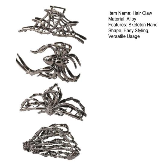 4 шт. Хэллоуинские заколки для волос, черные, в форме паутины, руки скелета, летучей мыши, заколки для волос с противоскользящими зубьями, заколки-акулы для затылка