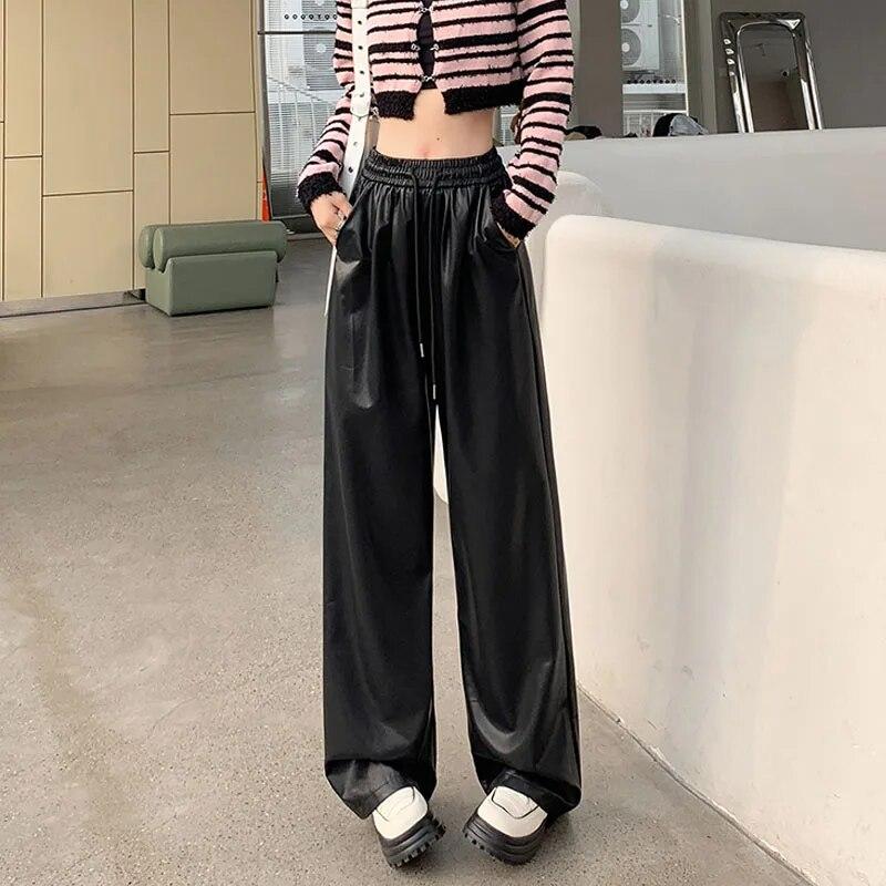 Осень-зима модные широкие брюки из искусственной кожи повседневные кожаные брюки с эластичной резинкой на талии женские уличные стильные женские брюки 29393
