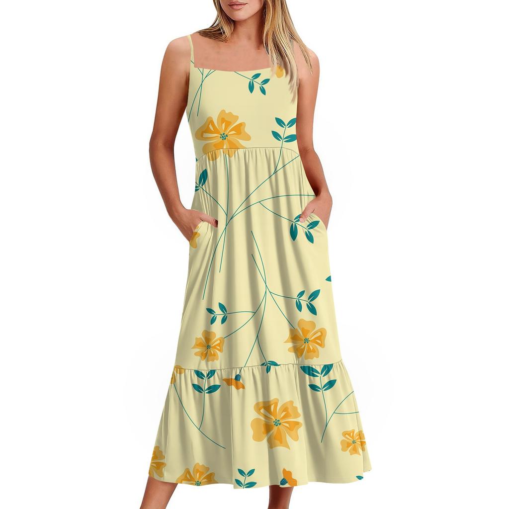 Women's Long Beach Casual Elegant Spaghetti Strap Maxi Dress Floral Low-key Flowing Bohemian Dress