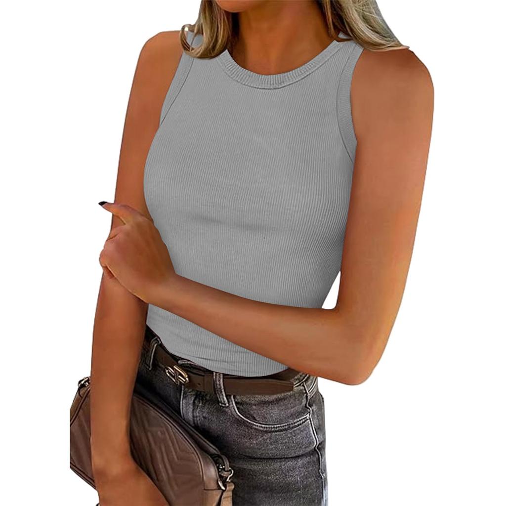 Женская летняя мода, повседневный однотонный топ без рукавов с круглым вырезом, узкая майка