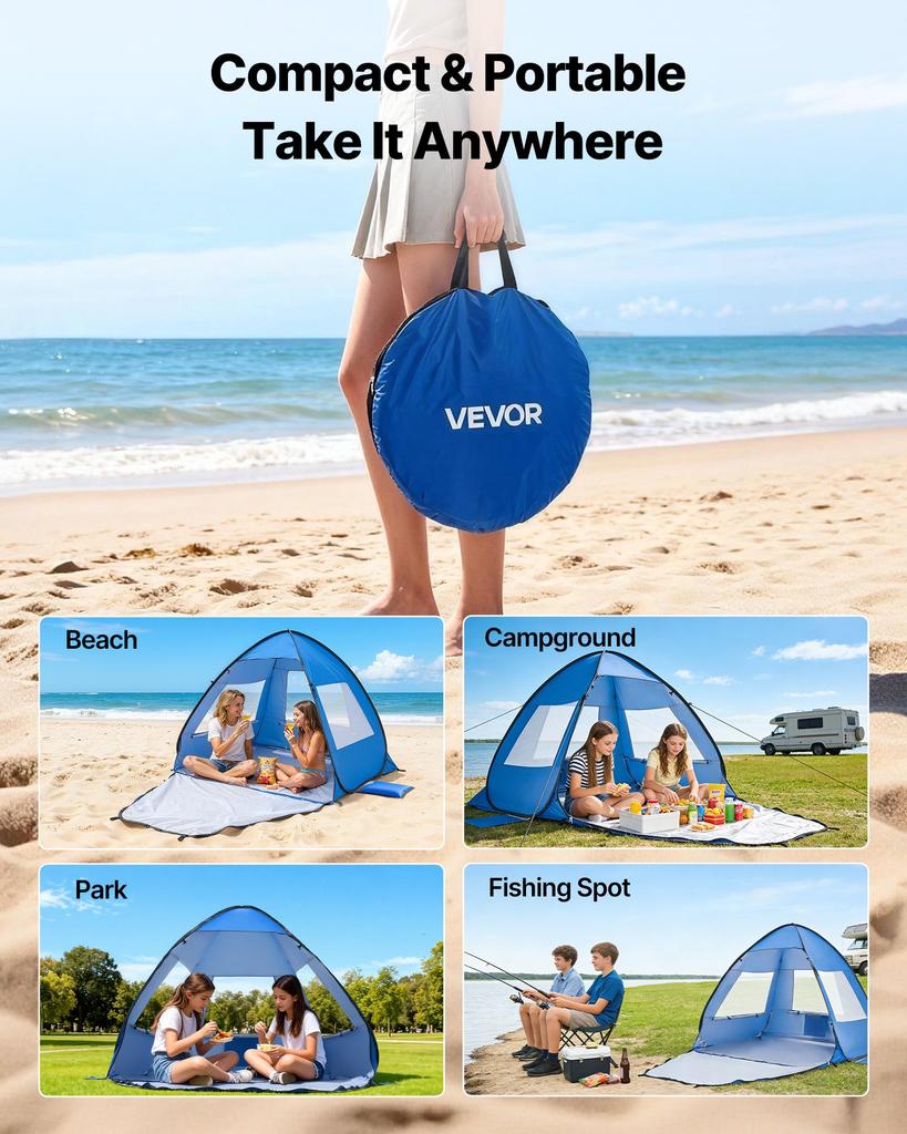VEVOR Beach Tent Sun Shelter for 2 Person, UPF 50+ Protection, Portable Sun Shade Canopy with Carrying Bag & Sand Pockets