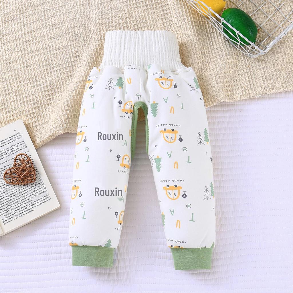 High Waist Baby Cotton Quilted Pants with Belly Protection – Mulberry Silk-Lined for Boys & Girls, Perfect for Autumn & Winter