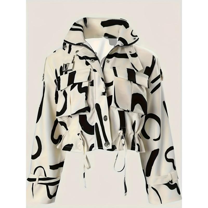 Women'S Leopard Print Bomber Jacket - Elegant Casual Short Length Zip-Up Coat with Stand Collar, Long Sleeves & Single-Breasted Front,