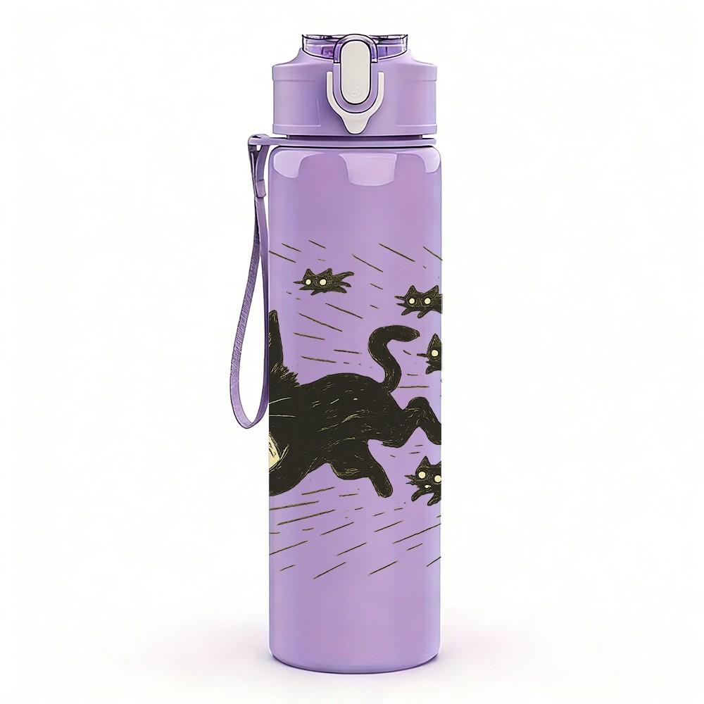 1PC Black Cat Flying Butterfly Layout 750ml Color Plastic Sports Water Bottle Leakproof Flip Straw Lid For Sports Office Home Use