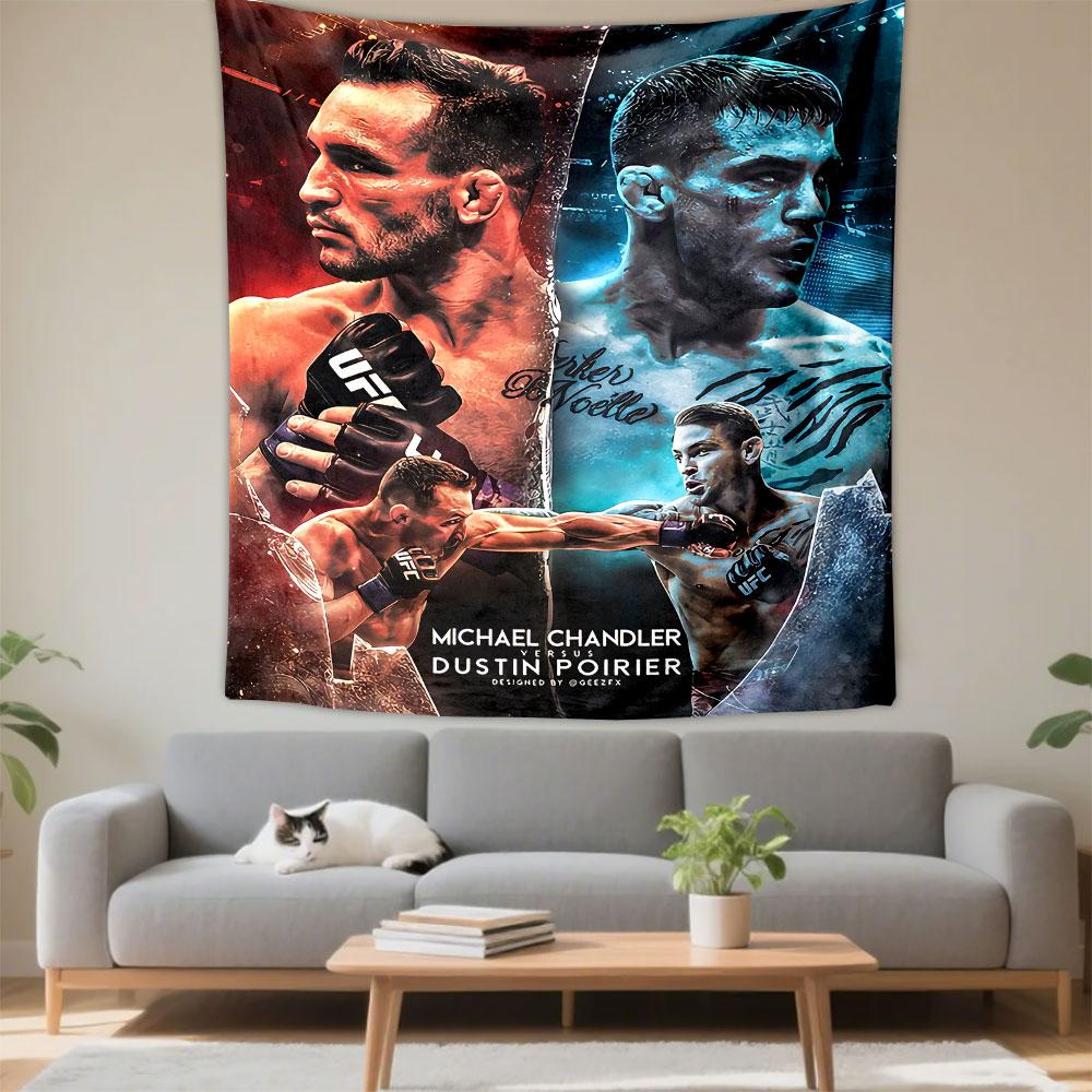 Split design featuring two fighters with red and blue-themed backgrounds. Patterned tapestry for bedroom and living room home decor