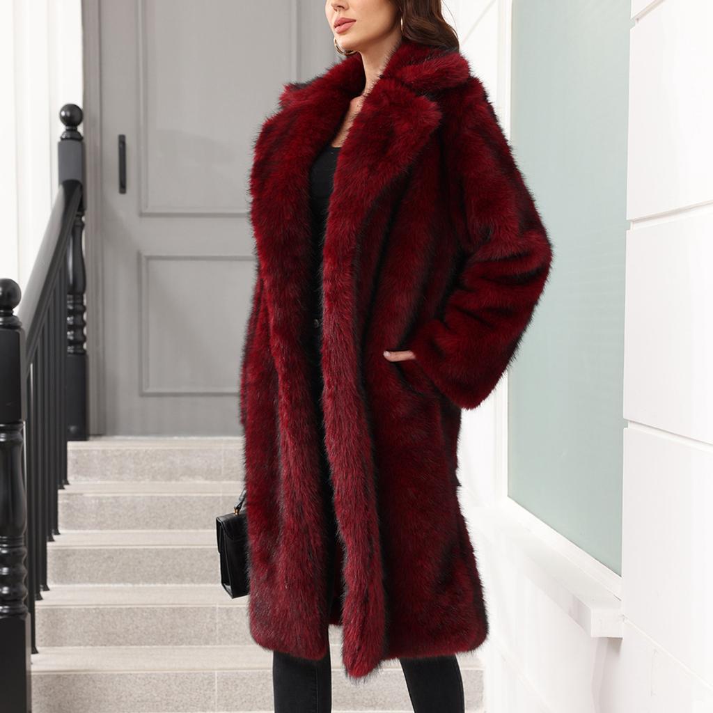 Женское модное теплое пальто с длинным рукавом, однотонное, пушистое, длинное, с отложным воротником
