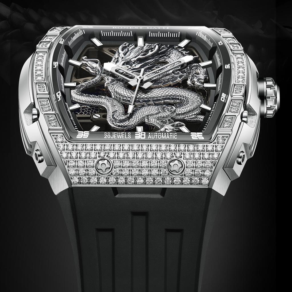 BONEST GATTI Men Fashion Automatic Mechanical Watches Rubber Strap Dragon Dial Luminous Classic Wristwatch for Men