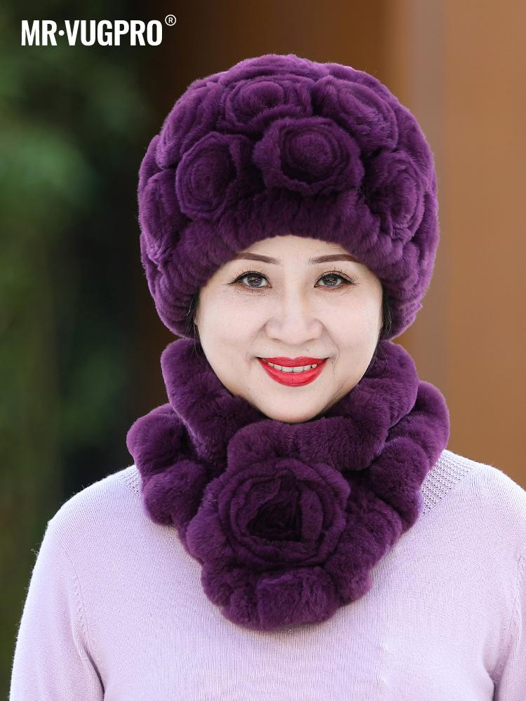 Вязаная шапка из меха кролика Рекс для женщин, зимняя, для пожилых бабушек, зимняя, утолщенная, теплая, для мам, для пожилых леди, меховая шапка