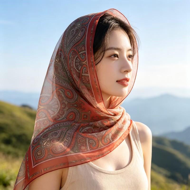 90x90cm Floral Print Square Scarf Women Lightweight Chiffon Wrap Boho Chic Headscarf Beach Cover-Up