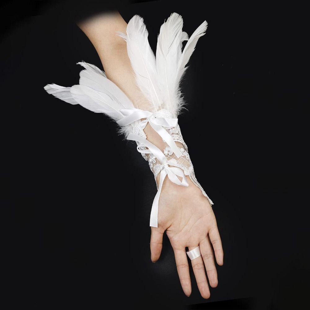 1PC Embroidery Feather Long Gloves White Black Female Mittens Wedding Gloves Party Wear