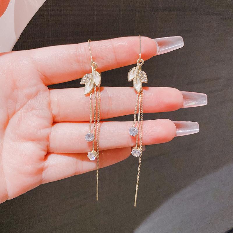 New Fashion Crystal Leaf Tassel Earrings for Women Exquisite Micro Inlaid Cubic Zircon Leaves Earring Wedding Jewelry Gifts