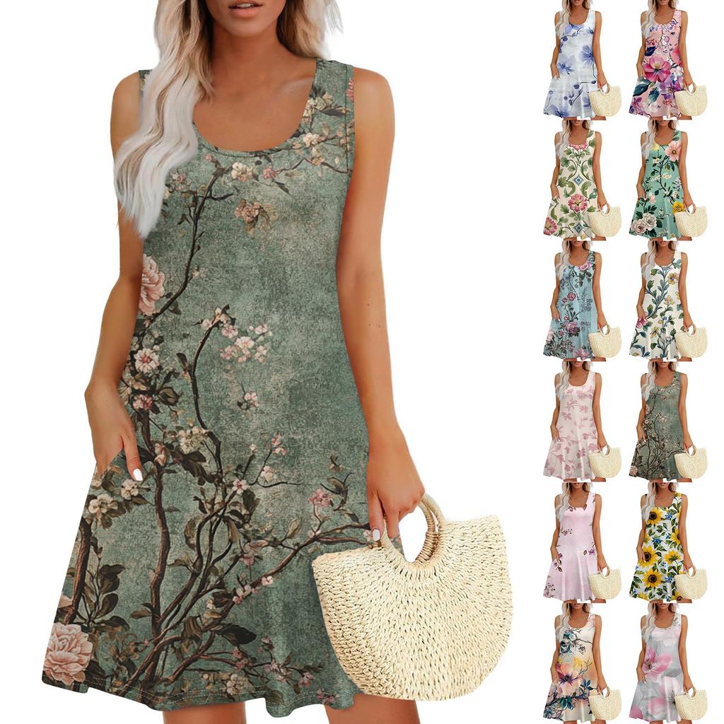 Women's Casual Retro Illustration Flower Print U-Neck Vest Dress With Side Pockets